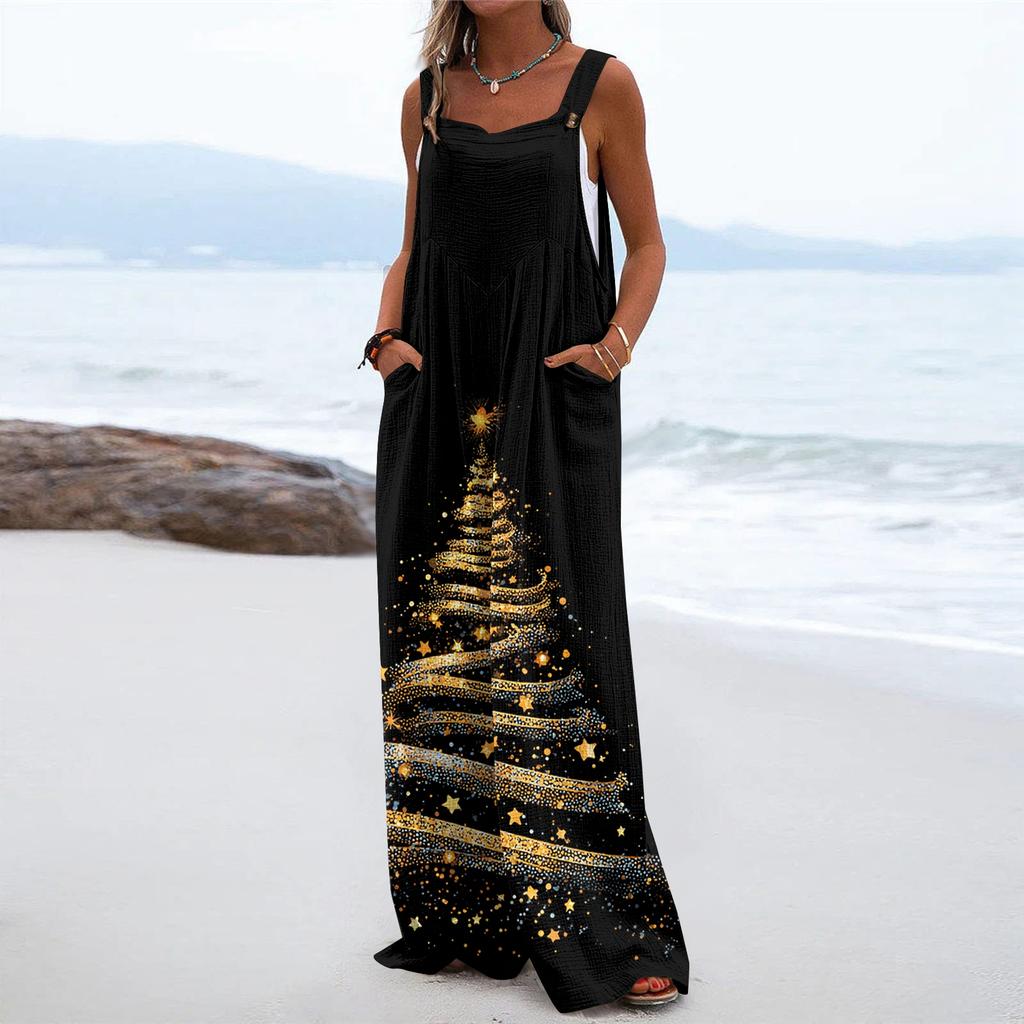 Women's Christmas Print Solid Wide Leg Strapless Tank Pocket Casual Onesie