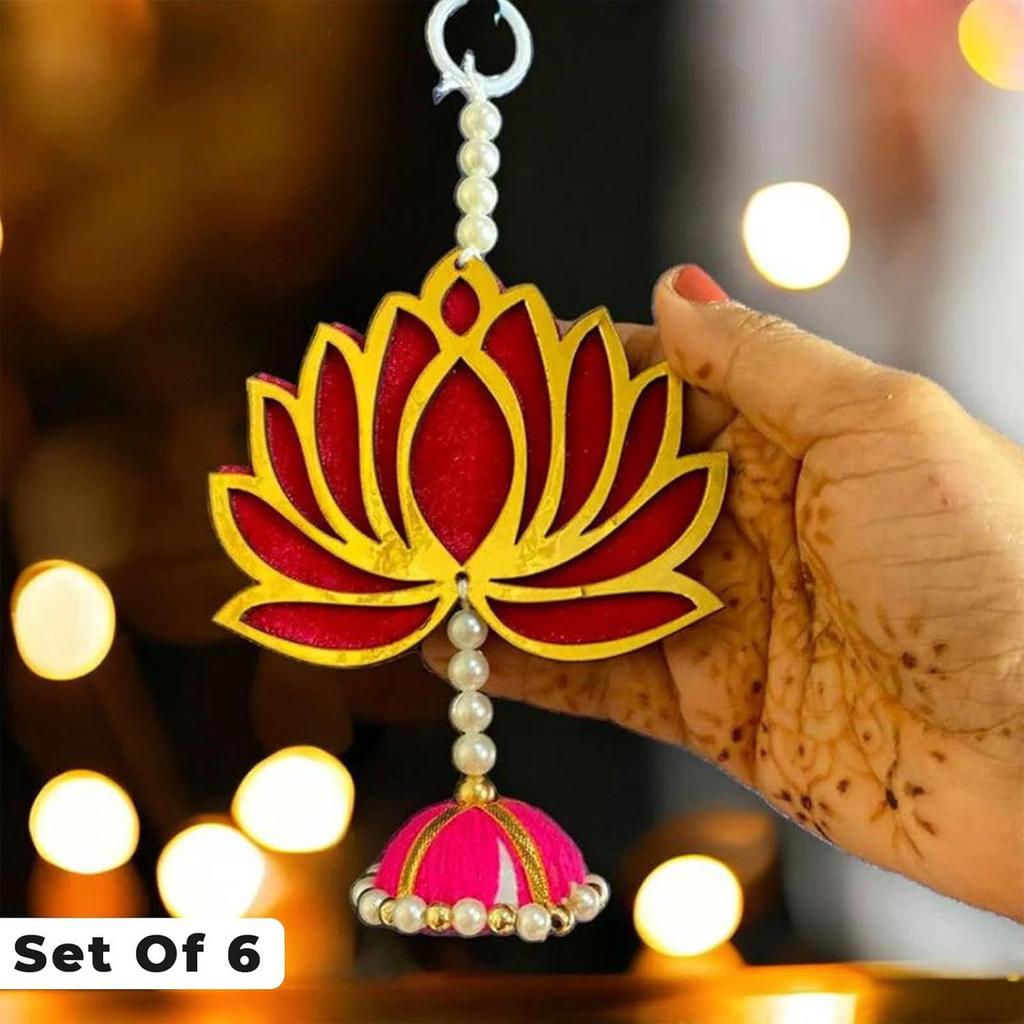 Lotus Wall Hanging with Jhumki - Set of 6 | Pink/Raani Artificial Flowers Bunch |