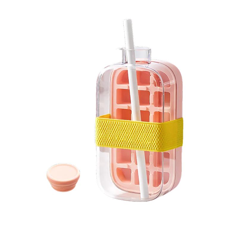 Portable Ice Cube Tray Bottle with Lid Silicone One-click Ice Mold Bottle Cooler Cup NO Touch DIY Fruit Juice Cup 500/800ml