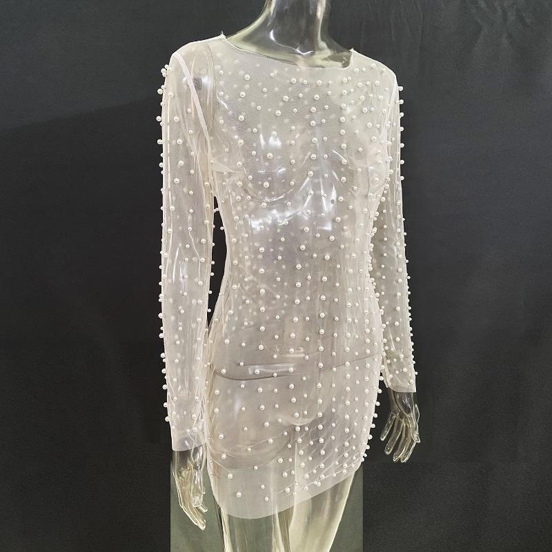 Spring and Summer Women's Size Bubble Beads See-through Mesh Dresses