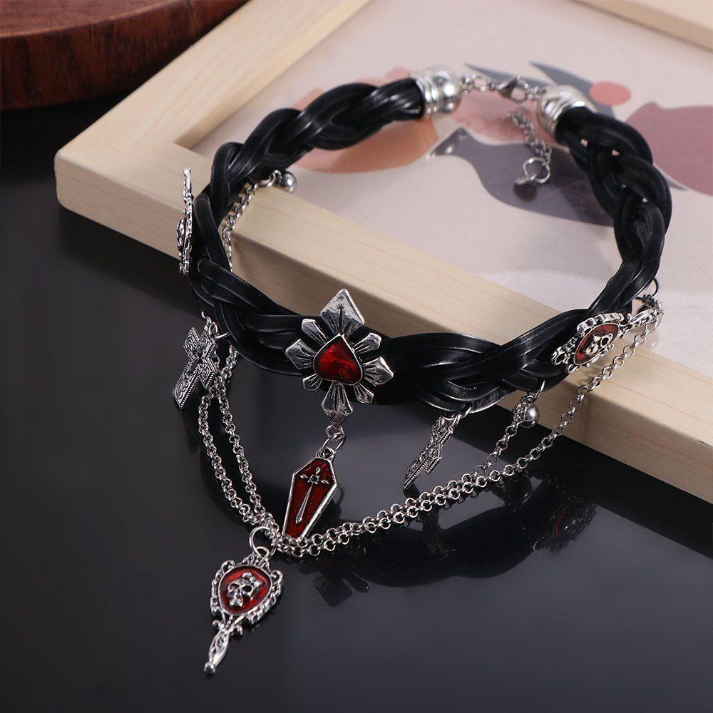 Punk Corss Halloween Skull Choker Skeleton Red Y2K Leather Necklace Gothic Imitation Pearl Tassel Beaded Necklace Unisex