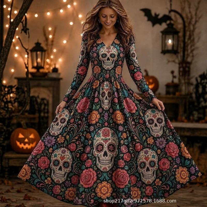 Dlouhé šaty Šaty áčkového střihu Vintage Bohémské Párty Běžné Lebka Dlouhý rukáv Výstřih do V Halloween