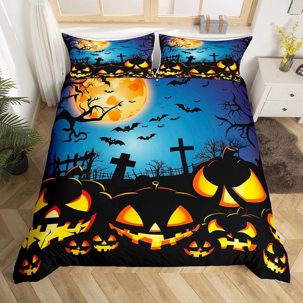 Halloween Bedding Set Full, Pumpkin Lantern Duvet Cover Castle Bat Pattern Comforter Cover, Cartoon Horror Festival Quilt Cover