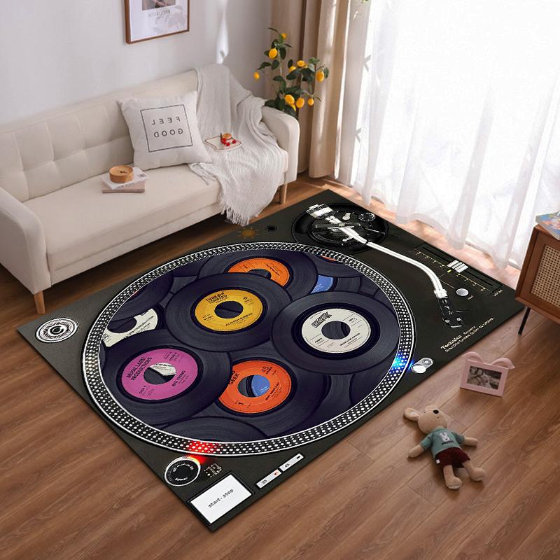 Turntable and Vinyl Records Music Theme Non-slip Rug Suitable for Living Room and Bedroom Sofas Sofas