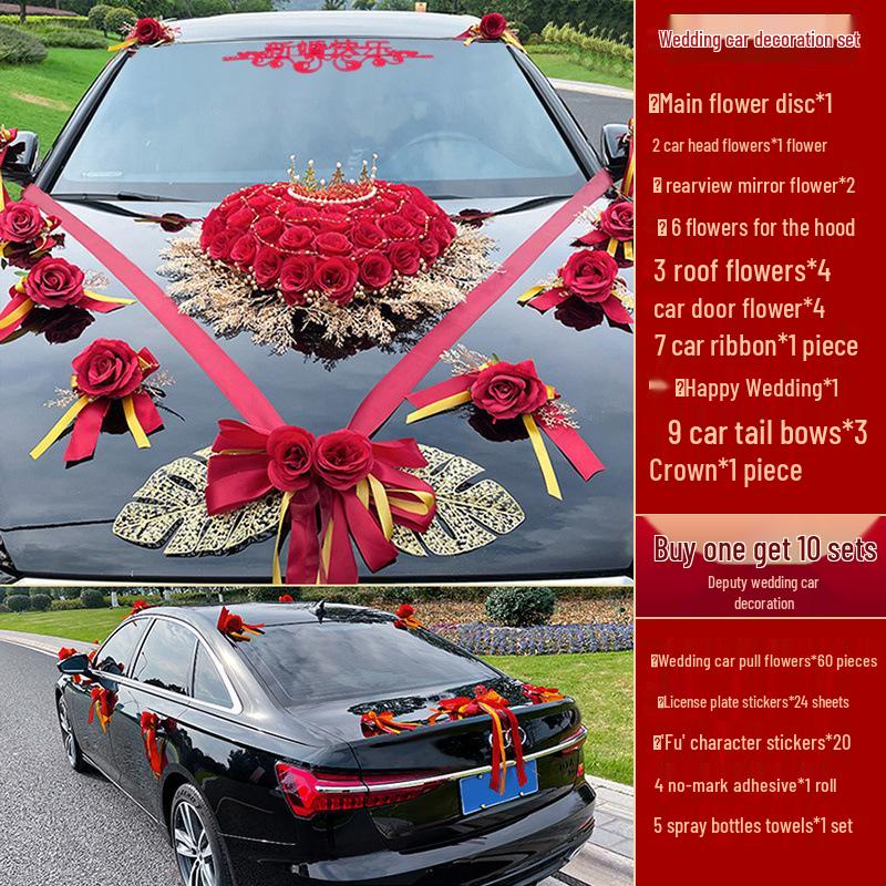 Complete Wedding Car Decoration Set: Front Flower Main Car and Lead Car Arrangement