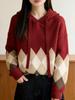Women's Loose Red Diamond Pattern Hooded Sweater - Autumn/Winter Stylish Knit Top