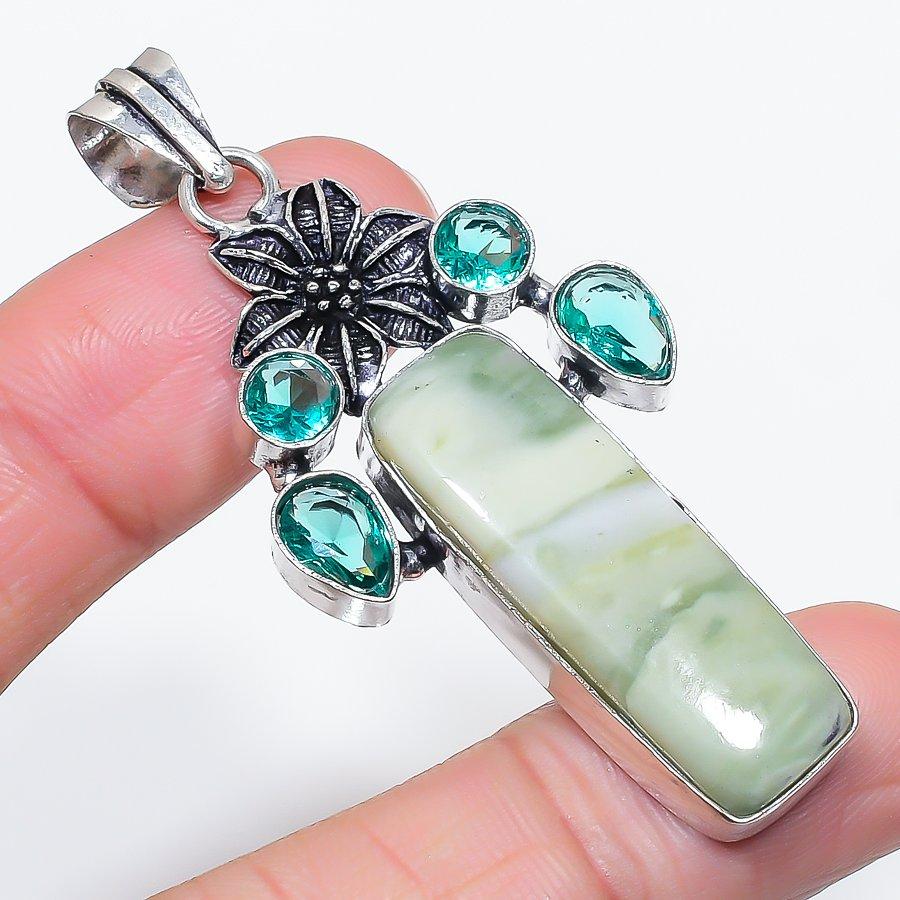 Natural Swiss Green Opal, Tourmaline 925 Sterling Silver Pendant 2.56" F3f10