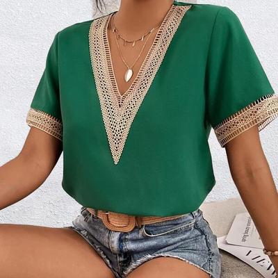 Camiseta de Verano para Mujer Elegante con Encaje y Costuras Top Holgado de Color Sólido