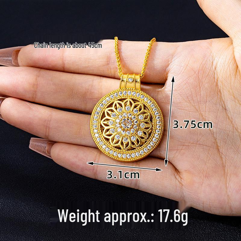Vietnam Sand Gold Eight Treasures Compass Pendant Necklace - Trendy Court Style with Diamond-Set Hollow Flower Design for Women