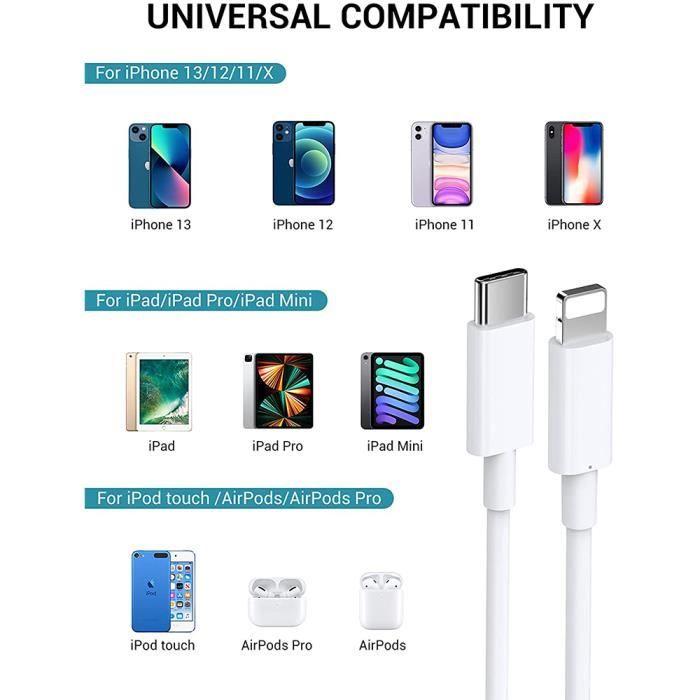 Chargeur Rapide USB-C - E.F.CONNECTION - iPhone 13/14 - Câble 1M - Blanc - Compatible avec plusieurs modèles