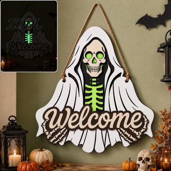 Front Porch Decoration Halloween Wooden Welcome Sign, Skeleton Reaper Irregular Door Decor, Rustic Wood Sign Wall Hanging Ornament for Home