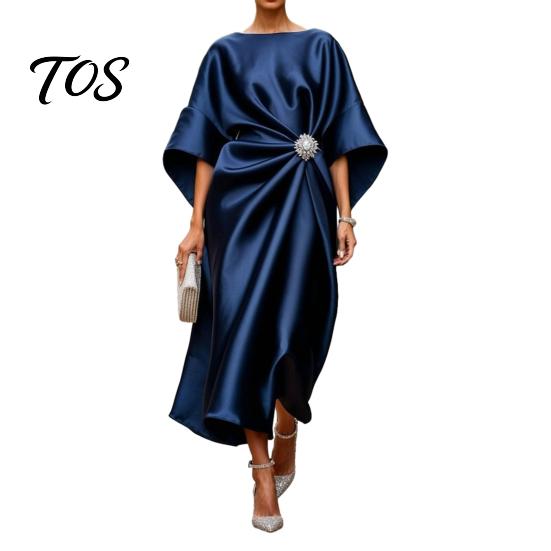 Langer Faltenrock Damen Damen Satin Fledermausärmel Maxikleid, Strassakzent Rundhalsausschnitt Leichtes Sommerkleid Abendparty A-Linie