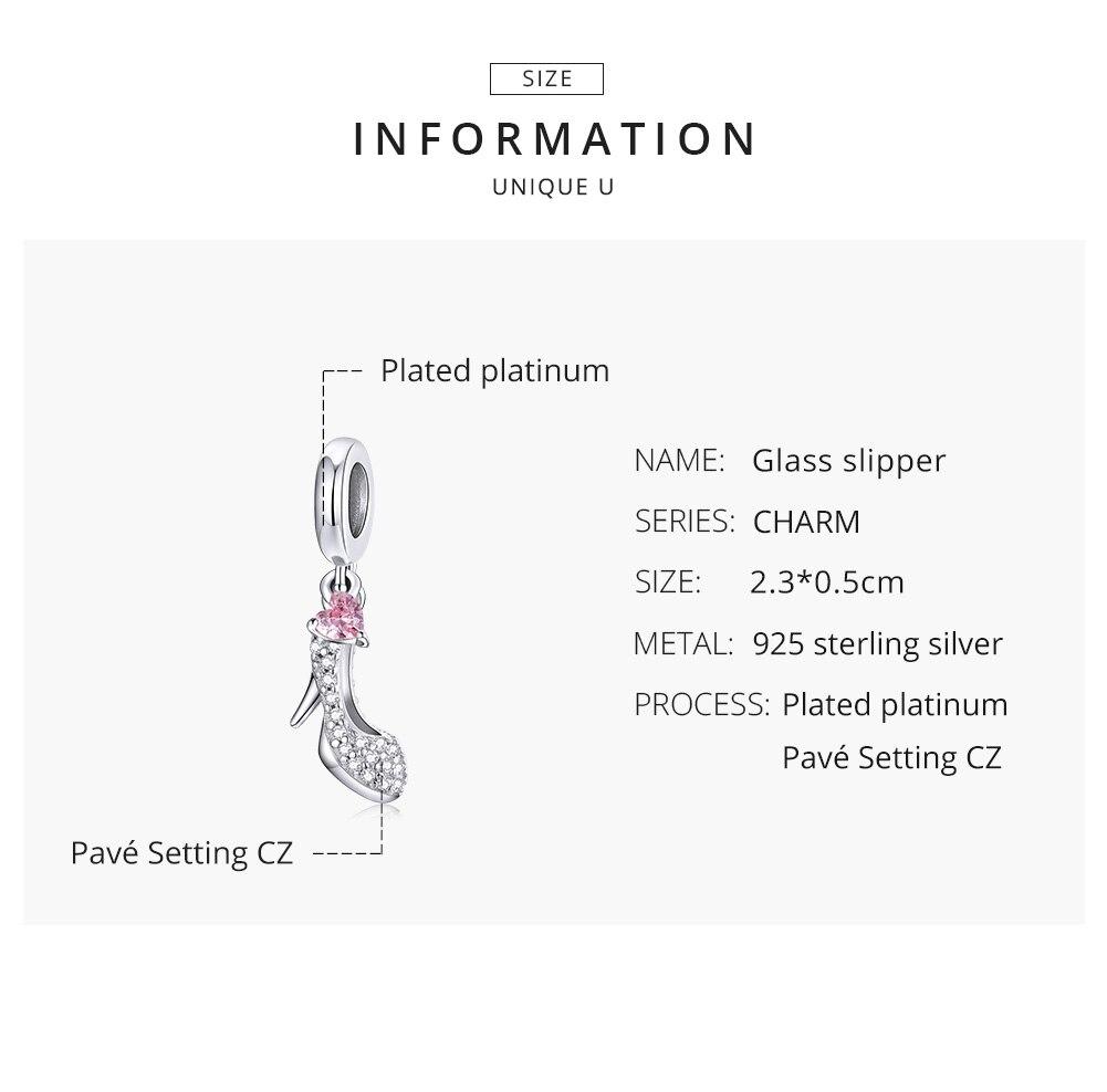 WOSTU Shiny Glass Slipper 925 Sterling Silver Heels Pink Heart Zircon Pendant Charm Fit Original Bracelet Jewelry