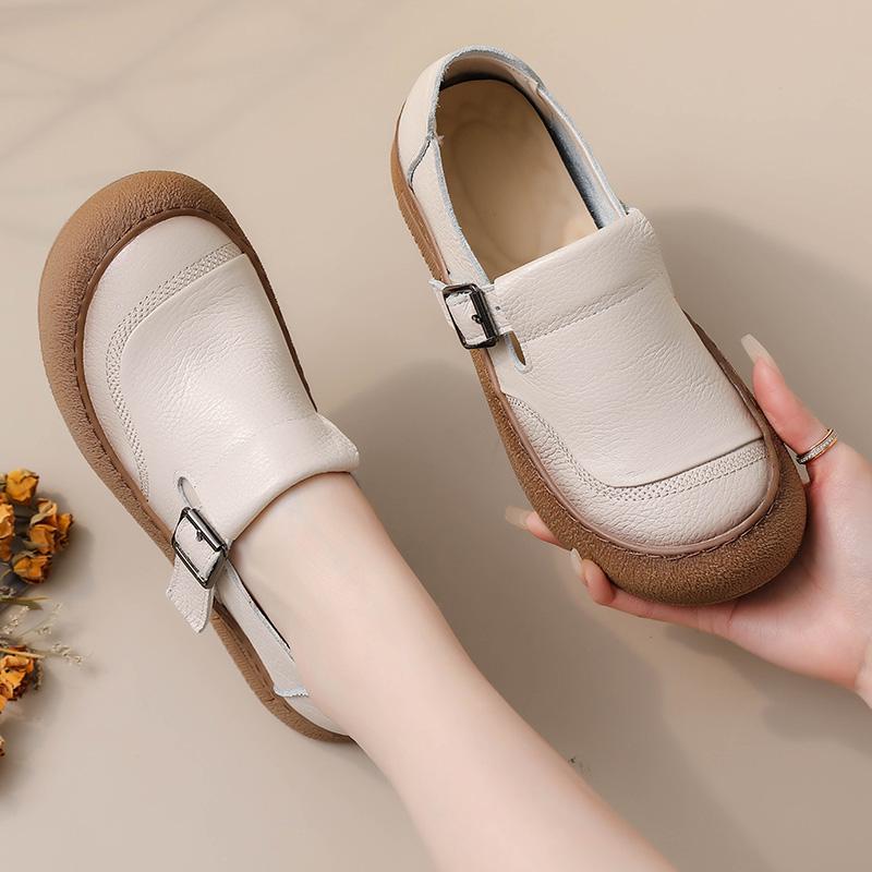 Fashion Original Natural Leather Shoes for Women Vintage Comfort Round Toe Buckl Flats Woman Slip On Orthopedic Loafers Ladies Moccasins