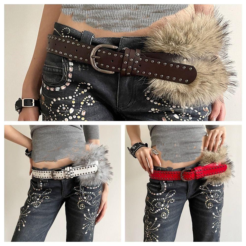 Western Style Y2K Waistband Faux Fur Plush Belt Personality Leather Fur Belt  Daily