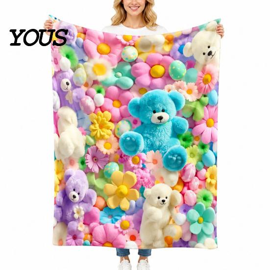 Soft Texture Blanket for Couch Teddy Bear Floral Print Blanket, Super Plush Throw Cute Bunny Rabbit Decorative Puppy Pattern, Cozy Flannel Bedroom