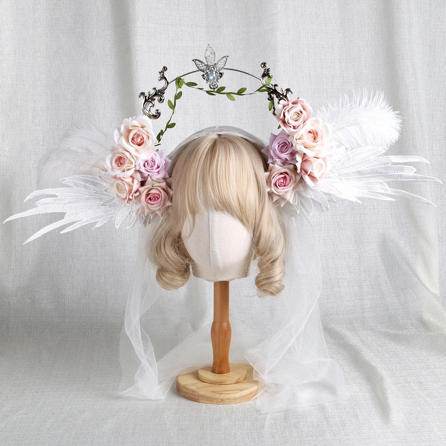 

Fantasy Flower Halo Crown Handmade Pink Rose Angel Feather Wing Halo Long Veil for Wedding Bridal Vintage Lolita Headpiece белый