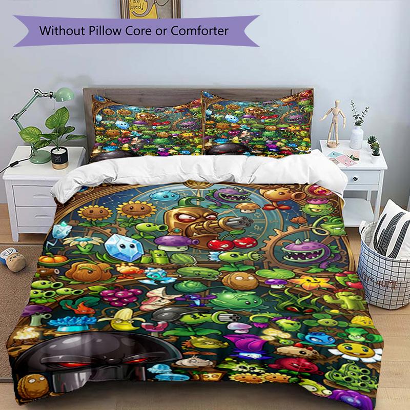 3pcs Duvet Cover Set (1*Duvet Cover + 2*Pillowcase, Without Core), Plants VS Zombies Print Bedding Set, Bedroom Decor, All‑Season, Birthday Gift