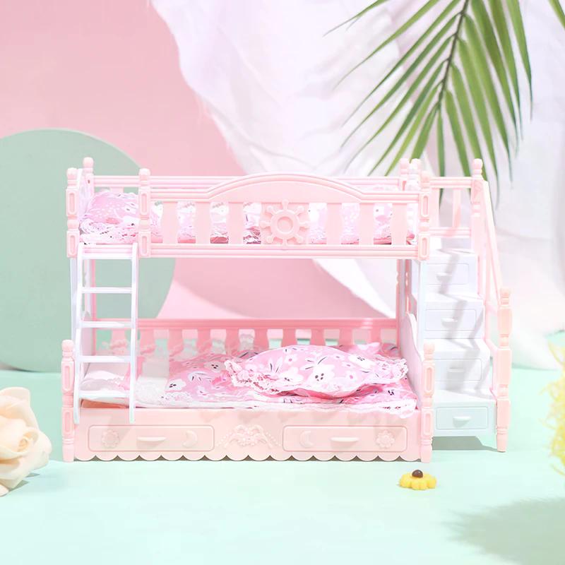 Dollhouse Miniature European Princess Double Bed Simulation Furniture Doll House Bedroom Decor Pretend Play Toys For Kids