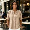 Women Tops V Neck Button Closure Short Sleeve Pullover Tops Pure Color Loose Fit Versatile Casual Commuter Shirt
