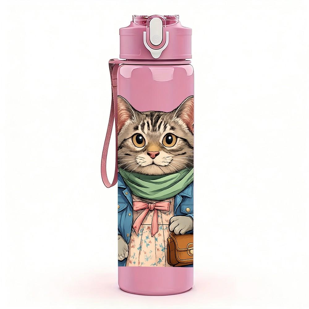 1PC Scarf Gentle Cat Cartoon 750ml Color Plastic Sports Water Bottle Leakproof Flip Straw Lid Suitable for Sports Office Home Use