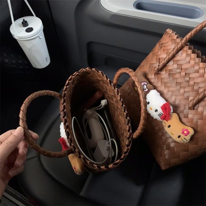 Summer 2025 Cartoon Cat Handbag - Handmade Imitation Rattan Woven Basket for Single Shoulder Use