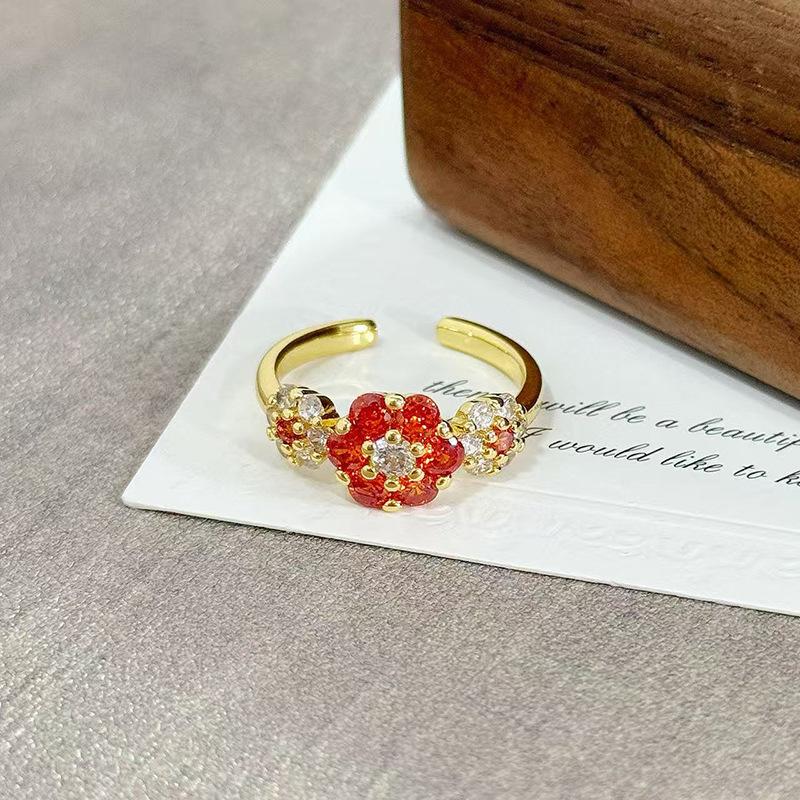 Medieval Vintage Orange Red Zircon Inlaid Simple Open Ring Female Retro Flower Temperament Niche Index Finger Ring