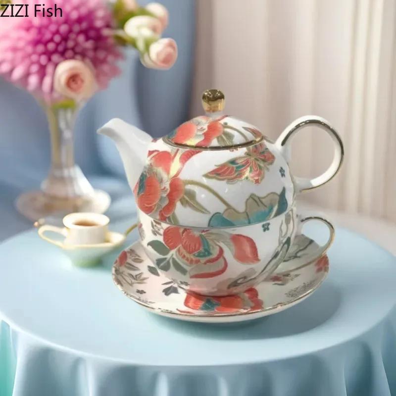 BRKeramik Mutter und Kind Topf Nachmittagstee Kaffeetasse Kaffeekanne Set Leichter Luxus Retro Keramik Blume Teekanne Set Neues Zuhause GeschenkEY