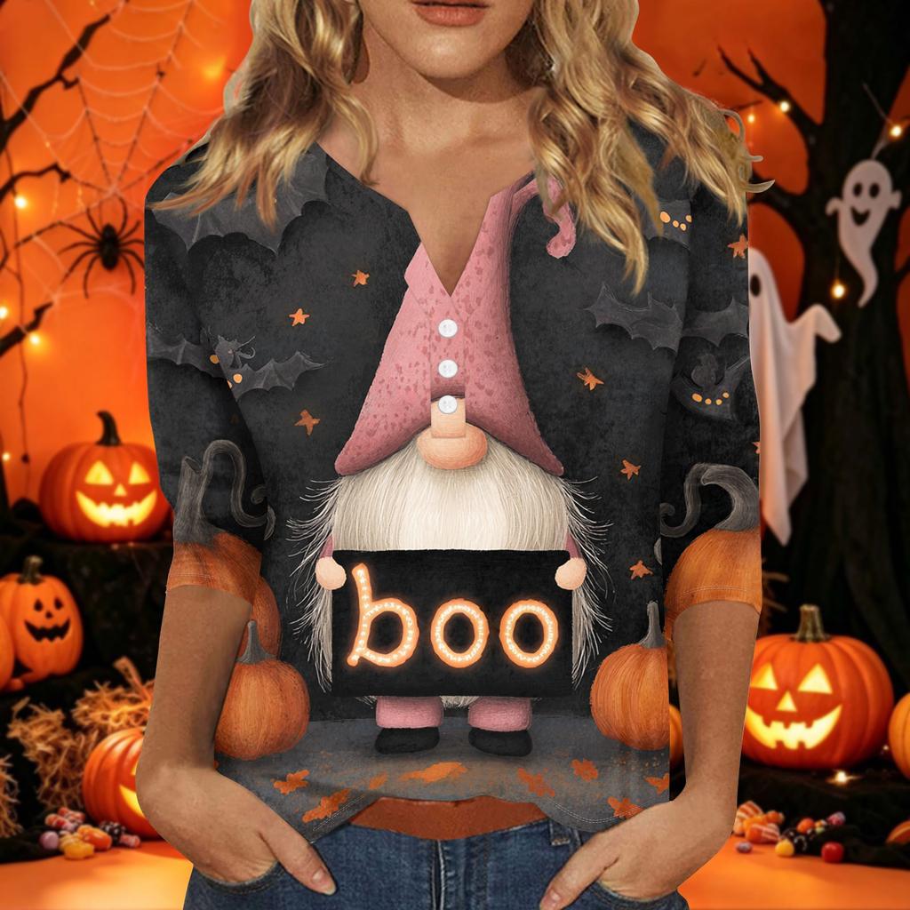 Women's Halloween Print V-Neck Short Sleeve T-Shirt with Decorative Buttons for Casual Fall Outfits