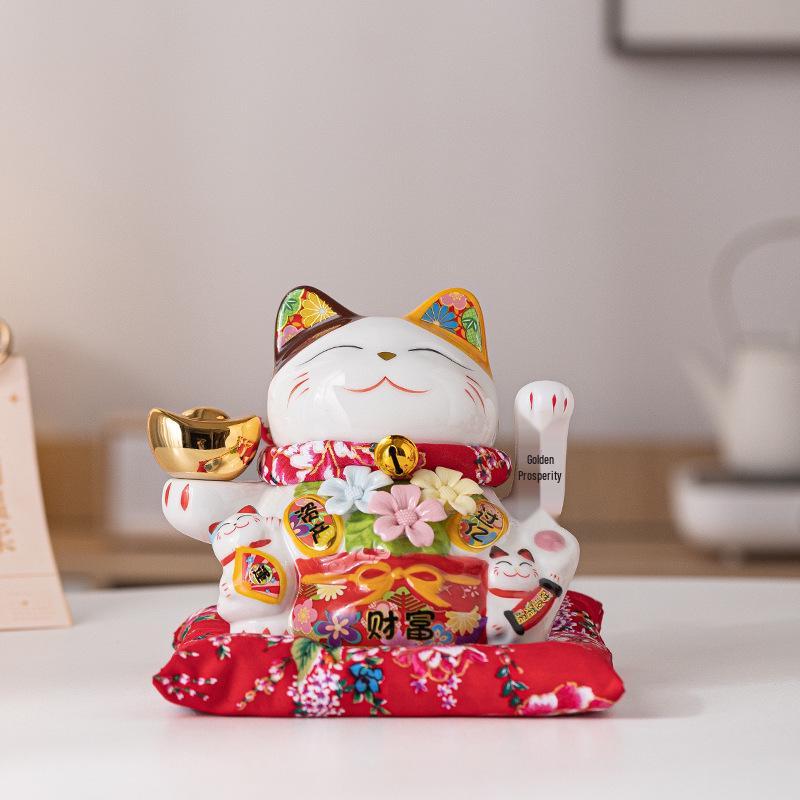 Electric Waving Lucky Cat Ceramic Ornament for Home, Living Room, Shop, or Cashier Desk.