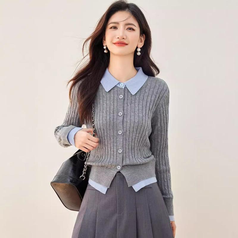 

Korean Style Patchwork Top Knitted Cardigan Single-breasted Style Long-sleeved New Sweater Commuting to Reduce Age S