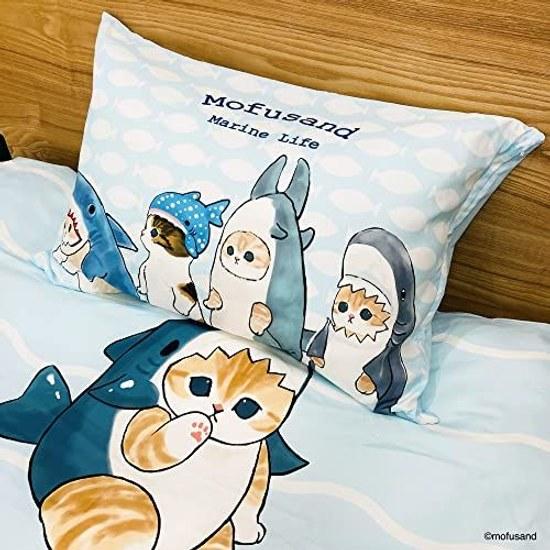 MORIPiLO Mofusand Futon Cover Set (Mofusand Shark Nyan Duvet CoverPillow Cover) Soft Peach Skin Single 150x210cm Blue Goods Cute Bedding 2-Piece
