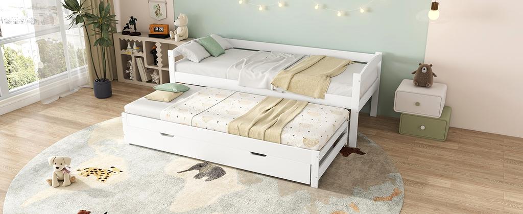 [29596364WAA] Cama de Dia, Cama de Solteiro e Casal, Cama Auxiliar com Rodízios por Baixo, com 2 Gavetas de MDF, Estrutura de Madeira Maciça, Branco (200x90cm/190x90cm)
