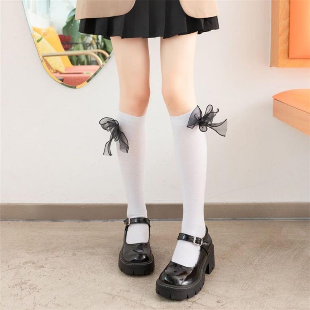 Schleife Röhrensocken Damen Frühling und Herbst Schwarz und Weiß JK Lolita Wadenstrümpfe Japanische Mädchen College-Stil Kniestrümpfe