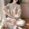 Women's V-neck Fleece Pajama Set: Thick Warm Flannel for Fall/Winter, Wearable Outdoors