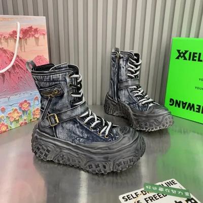 Scarpe da Donna con Tacco Alto a Plateau Stivali da Cowboy Motociclista alla Caviglia Stivali da Neve Invernali Chelsea Tendenza 2025 Designer Denim Botas Mujer