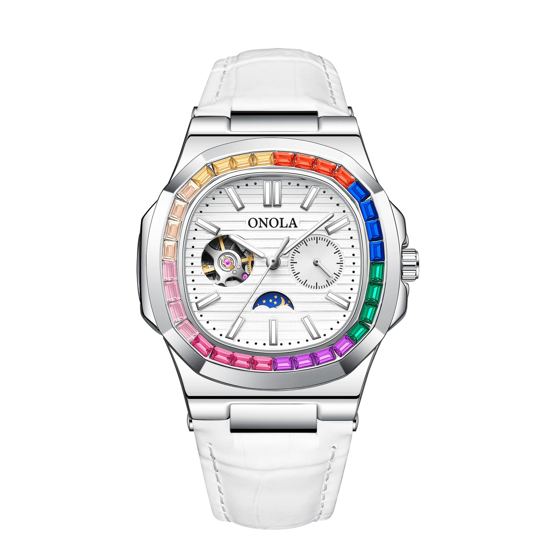 

Мужские деловые полые автоматические механические часы светящиеся водонепроницаемые кожаные часы цветные бриллиантовые мужские часы белый