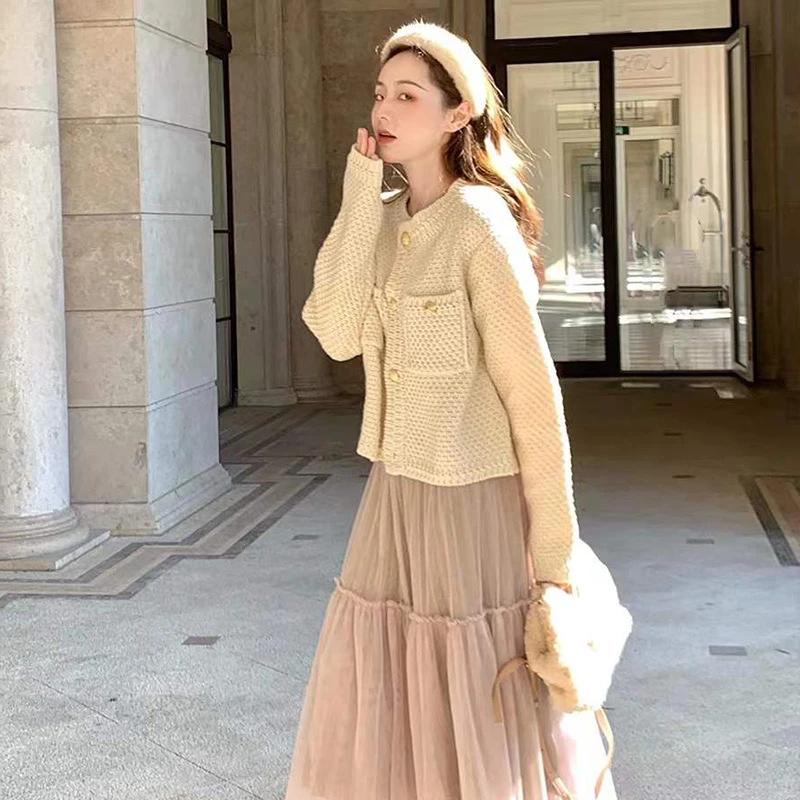 Knitted Cardigan French Vintage Gold Buttons Sweater Women Autumn Winter Luxury Short Straight Coat Knitwear Green Red