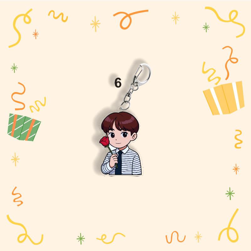 BTS Cute Keychain, Cartoon Figure Keyring with Rose Design, Kpop Idol Cartoon Bag Pendant for ARMY Fans(Jin RM Suga Jimin V J-Hope Jungkook)