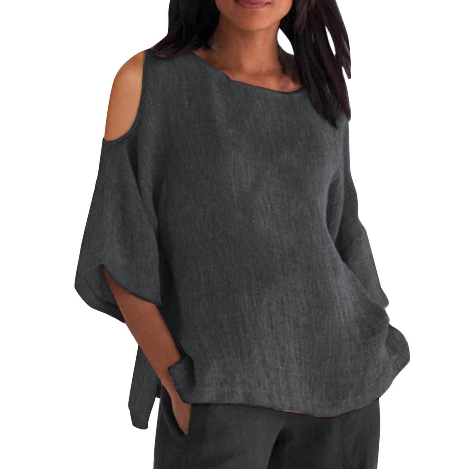 

Женская модная рубашка свободного покроя с круглым вырезом и рукавами семь четвертей, однотонная, с открытыми плечами L