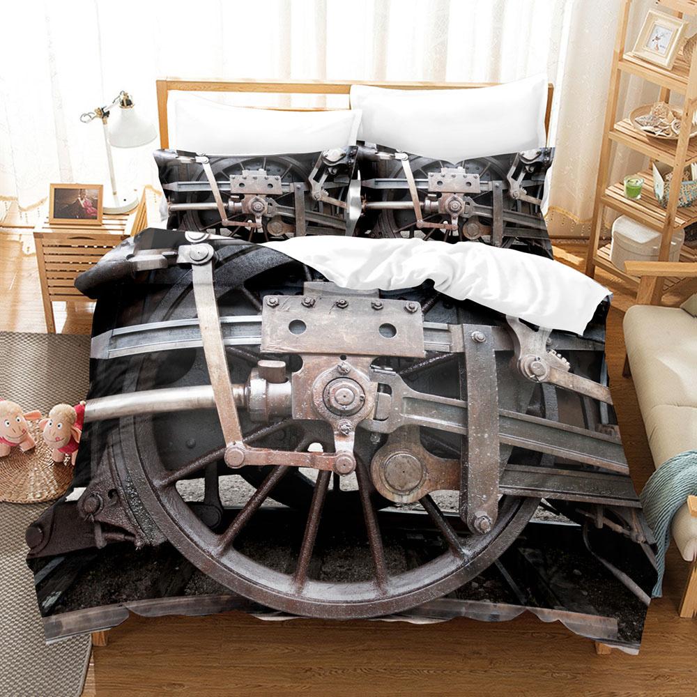 Steam Engine Duvet Cover Set Locomotive Green Black Train On Steel Railway Track Travel Adventure Graphic Print King Queen Size
