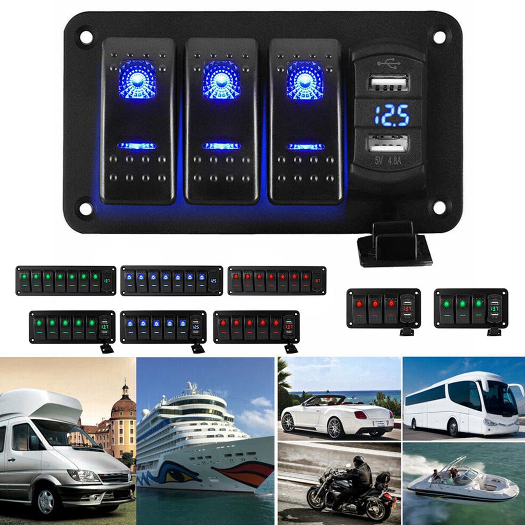 3 Gang Toggle Switch Panel 12V 24V Waterproof Rocker Switch Panel with Double USB Charger Port LED Lighted Protected Control Car