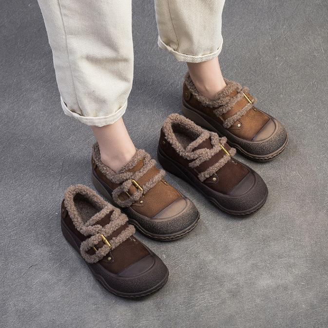 Johnature Plyšové hřejivé retro univerzální mokasíny z pravé kůže Ležérní dámské boty na ploché platformě se silnou podrážkou