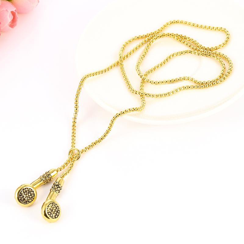 Rhinestone Inlaid Earphone Pendant Necklace Trendy Hip Hop Decor Gold Silver Options for Hip Hop Fans Collection Gift