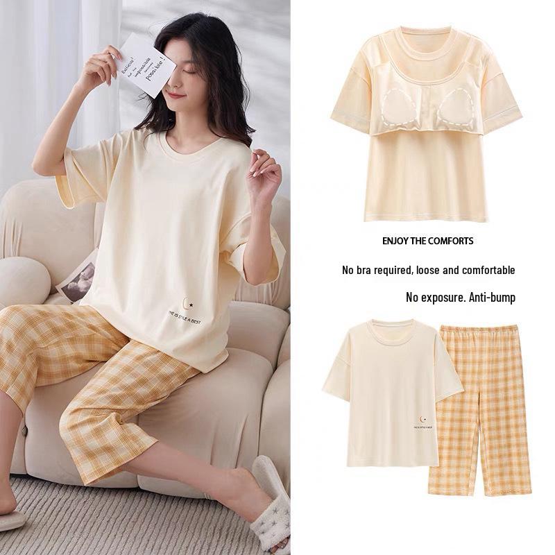 

Летняя женская пижама в корейском стиле: Сладкий костюм-двойка с короткими рукавами, укороченными брюками и круглым вырезом M (80-100 lbs)