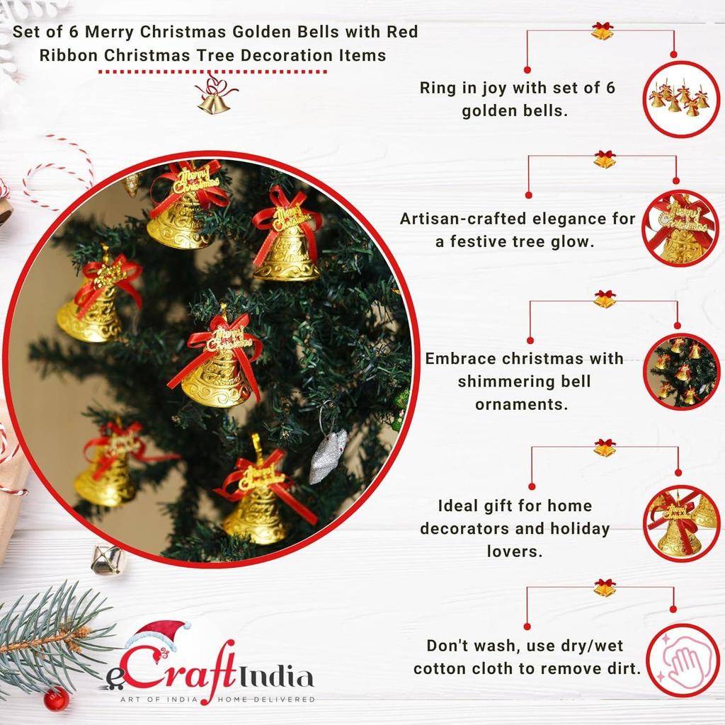 Merry Christmas Bells (Set of 6) Golden Jingle Bells with Red Ribbon | Christmas Tree Decoration Items