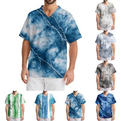 Men's Printing Short Sleeve V-neck Working Blouse Chest Pocket Carer Top