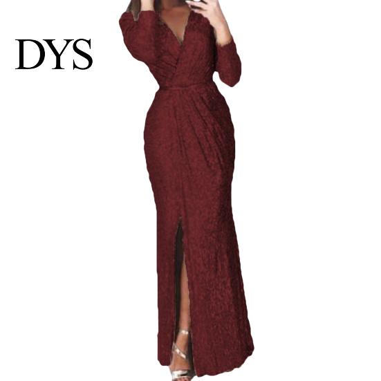 A-Linie Silhouette Cocktailkleid Damen Abend Deep V-Ausschnitt Pailletten-Dekor Lange Ärmel Elastische Taille Plissiert Hohe Absätze Kombinieren Geschlitzter Saum Uni