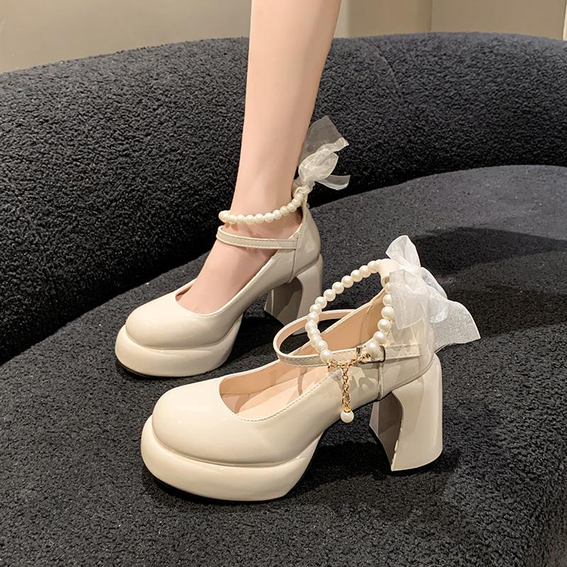 

Жіночі літні нові туфлі Мері Джейн Вузький ремінець Шкіряна пряжка Модні Однотонні Високі підбори Елегантні Плаття Вечірка Товсті туфлі 40 бежевий