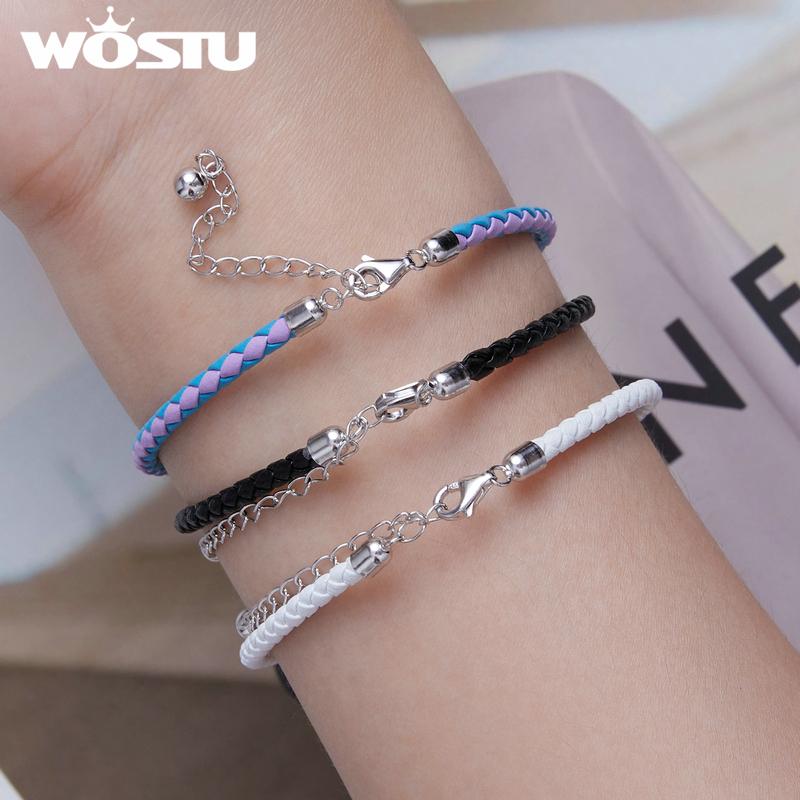 WOSTU 925 Sterling Silver Simple Leather Bracelet Fashionable Individual Lobster Clasp Bracelet